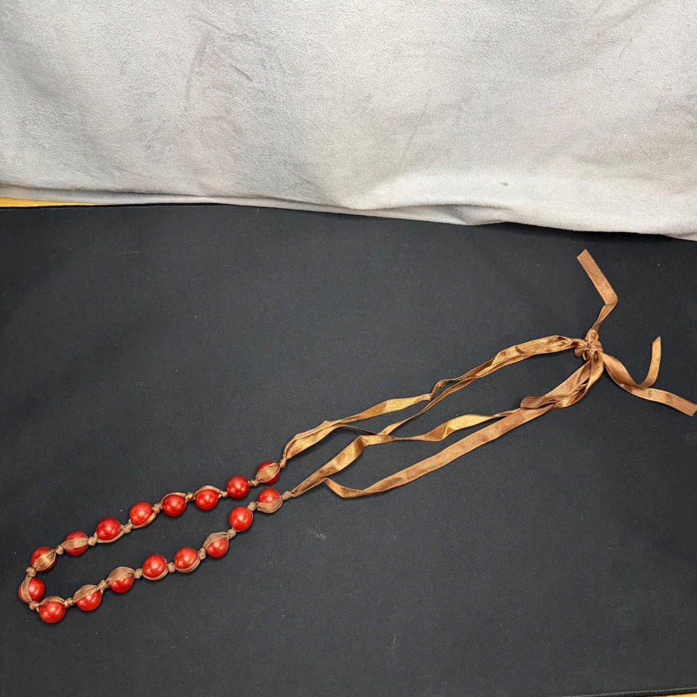 Ribbon Tie‎ Bead Necklace Womens OS Red Bronze Adjustable Choker